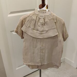 New!BearPaw Kids/Boys Light Tan Cotton Button-Down Shirt Shorts Hat Set Y2K